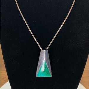 Sterling Silver Necklace Green Stone Geometric Pendant Triangle Vtg Stamped 950